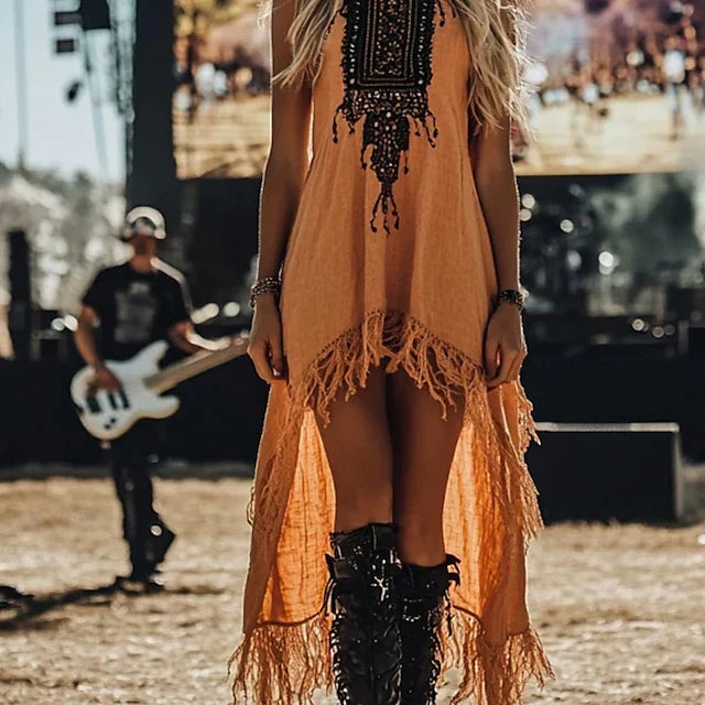 Dames Midi Jurk Boho Jurk Western Jurk Mode Modern Outdoor Vakantie Holiday Reguliere Pasvorm Bloem Mouwloos Crew Neck Oranje Zomer