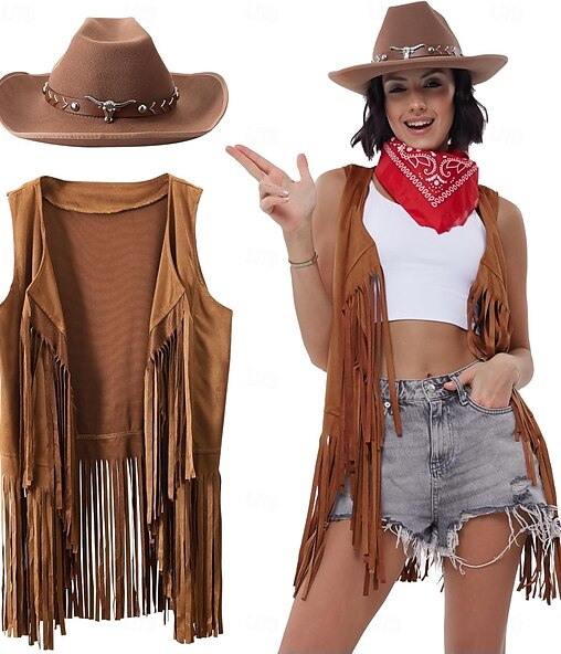 Western Outfits voor Dames Cowgirl Tassel Mouwloos Vest Cowboyhoed en Paisley Bandana