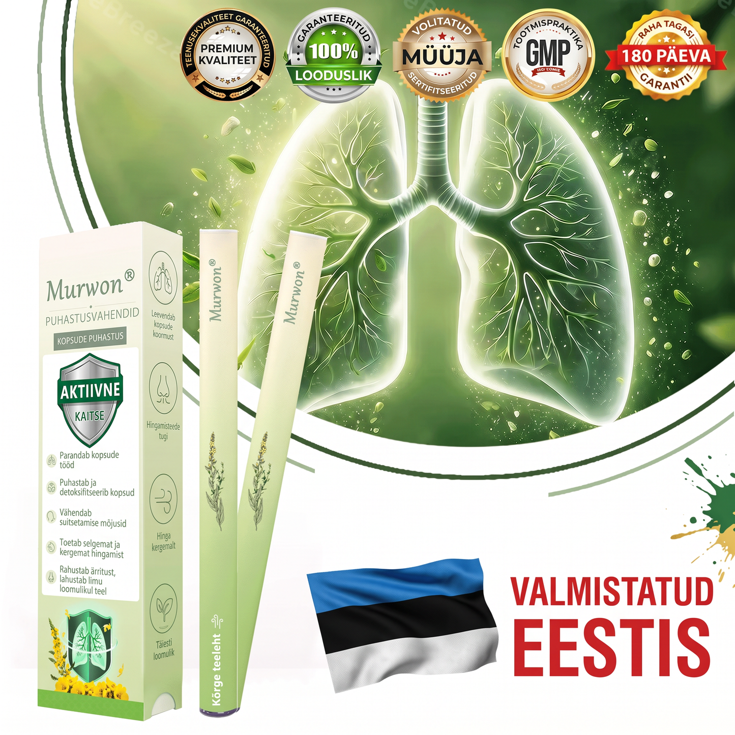 Tipptasemel eesti toode koduse kohaletoimetamisega 🥇 Murwon® taimne aurinhalaator kopsude puhastamiseks 🍍 Tõhus abi köha, kurgupõletiku, hingamisraskuste, lima, nohu, bronhiidi ja allergiate korral ❤️
