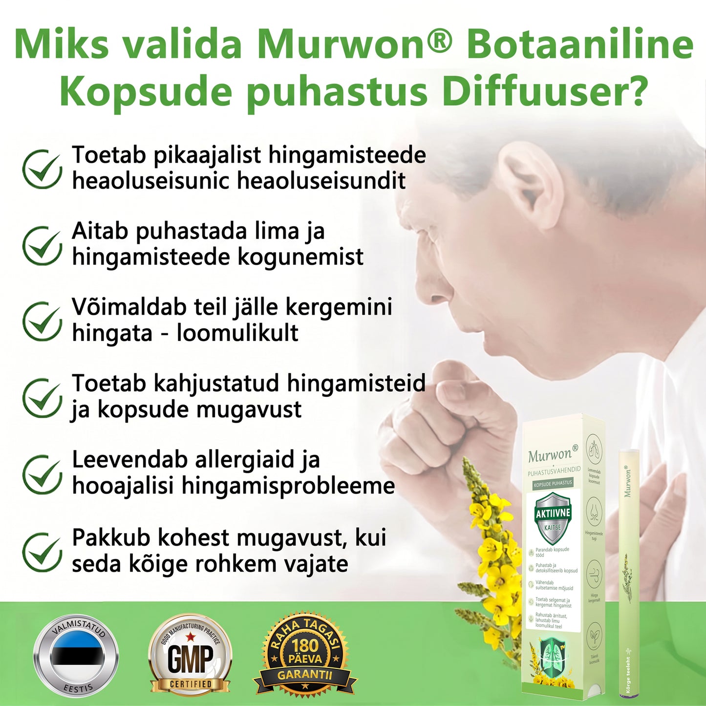 Tipptasemel eesti toode koduse kohaletoimetamisega 🥇 Murwon® taimne aurinhalaator kopsude puhastamiseks 🍍 Tõhus abi köha, kurgupõletiku, hingamisraskuste, lima, nohu, bronhiidi ja allergiate korral ❤️